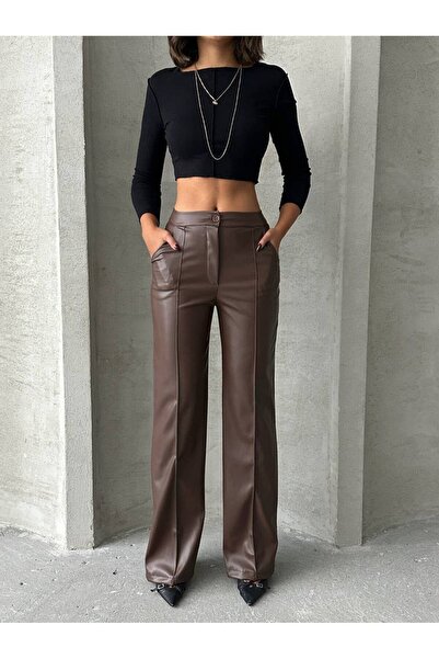 NEW JOURNAL Women's Bitter Brown High Waist Faux Leather Palazzo Trousers Nh2...