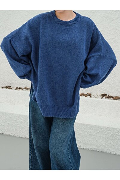 NEW JOURNAL Women's Indigo Balloon Sleeve Slit Knitwear Oversize Tunic Sweate...
