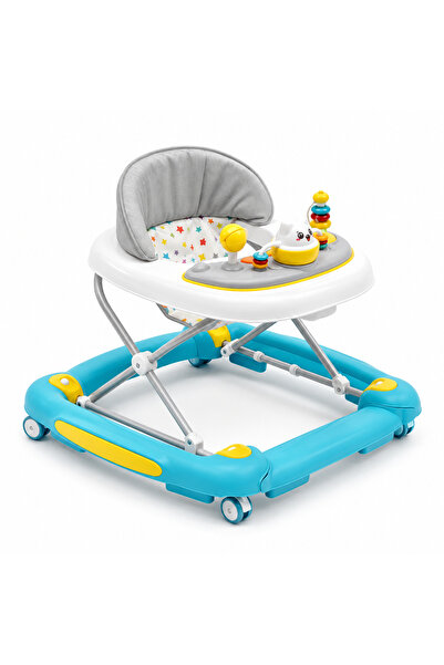 Bukela Blue baby walker with a padded gray seat and colorful toy tray