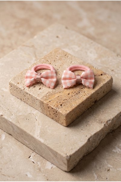 Katia&Bony Girl's Double Gingham Bow 2-Piece Rubber Buckle Pink