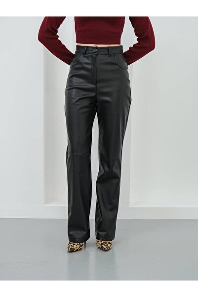 NEW JOURNAL Women's Black High Waist Spanish Leg Faux Leather Trousers Nh27752
