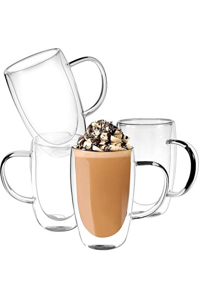 Home Zone Set of 4 Double Walled Glass Coffee Mugs with Handles, 16oz (450ML)...