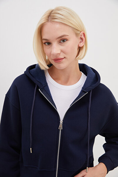 Fulla Moda 3 İplik Basic Fermuarlı Kapüşonlu Sweatshirt