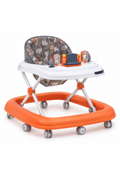 Bukela Orange and white baby walker with a patterned padded seat, toy tray, a...