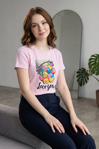 OEM Tricou de dama din bumbac cu imprimeu grafic "Love You", decolteu rotund ...