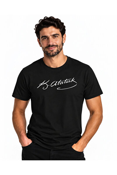 ETİFA Ataturk Signed Black Premium Unisex 100% Cotton White Printed T-Shirt