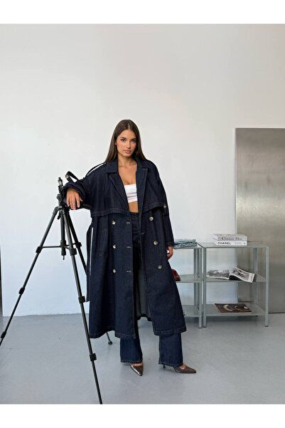 Kadın Denim Trençkot Pelerin Detaylı Kruvaze Yaka Kuşaklı Çift Sıra Düğmeli Lacivert