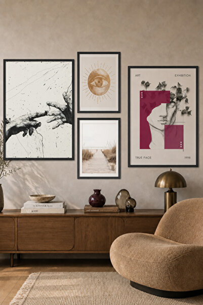 For Space On Ahşap Çerçeveli 4'li Tablo Seti Pastel Duvar Tablosu Dekoratif P...