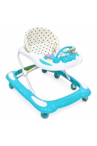 Bukela Turquoise baby walker with a padded seat and an elephant-design toy tray