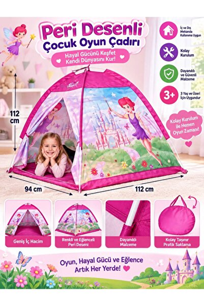 BYCEGU 112 x 94 x 112 cm Pembe Peri Desenli Çocuk Oyun Çadırı – Kolay Kurulum...