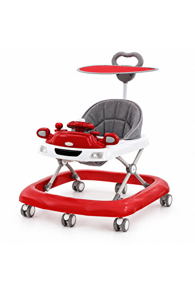 Bukela Red and white baby walker with an overhead canopy, padded gray seat, a...
