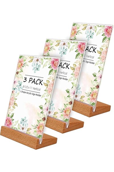 EXCEFORE A4 Acrylic Sign Holder Wood, 3 Pack Display Stands Double Sided Menu...
