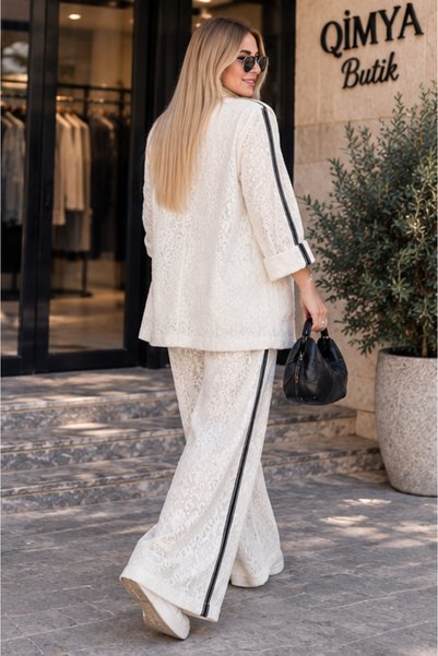 QİMYA BUTİK Buketli̇ Women's Stripe Detailed Lined Lace Jacket and Pants Two-Piece Set