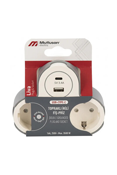 Mutlusan Liva Topraklı İkili USB+Type-C Fiş Priz