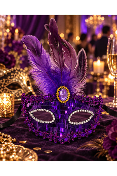 PARTİPORT Purple Feathered Venetian Mask with Stones and Sequins, Showy Party...