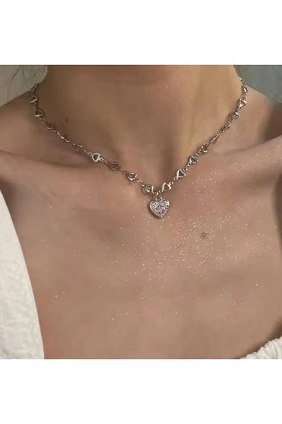 Lunarie Xuping Heart Chain Pink Stone Heart Necklace – Silver Color Tarnish R...