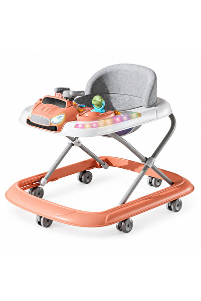 Bukela Coral baby walker with a grey padded seat and a car-design toy tray