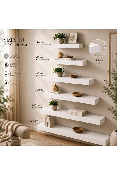 Royal Home Modern Design White Wooden Floating Wall Shelf - Multiple Sizes