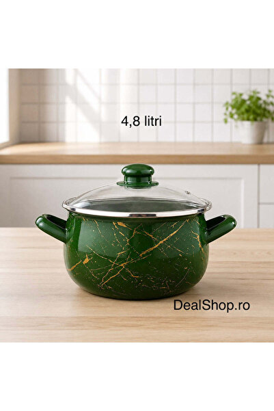 dealshopromania Εμαγιένιστο σκεύος πράσινο, 4,8 λίτρα, 22 εκ., με γυάλινο καπ...