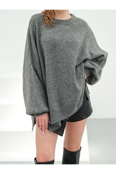 NEW JOURNAL Women's Anthracite Balloon Sleeve Slit Knitwear Oversize Tunic Sw...