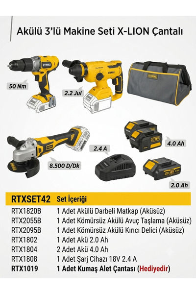 Rtrmax XLİON 3 LÜ SET RTX1820 AKÜLÜ DARBELİ MATKAP - RTX2095 AKÜLÜ KIRICI DEL...