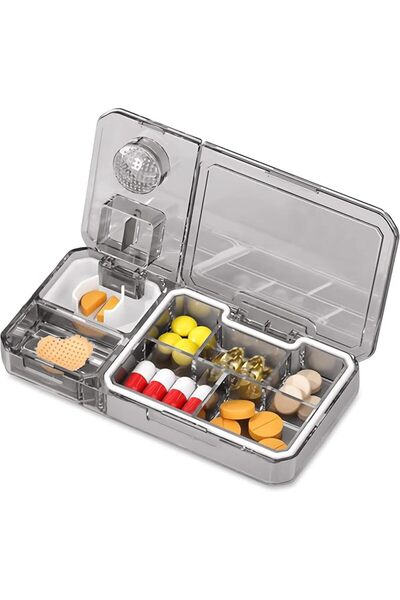 ALMEKAQUZ 3 in 1 Pill Organizer with Cutter and Crusher Grey