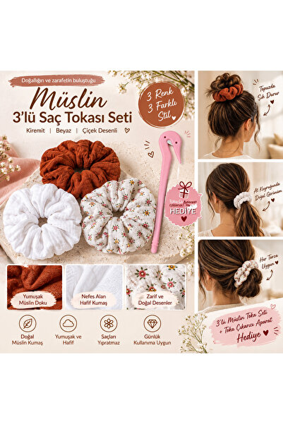 LUCKKA 3’lü Müslin Scrunchie Saç Tokası Seti Kiremit Beyaz Çiçekli – Lastikli...