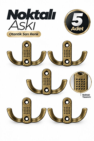 Badem10 Noktalı Askı Otantik Sarı Metal 5’li Set Dolap Vestiyer Mobilya Duvar...