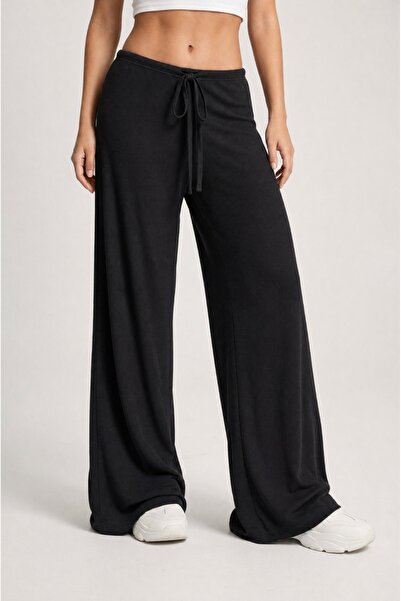 Grenj Fashion Μαύρο υφασμάτινο παντελόνι με κορδόνια, χαμηλή μέση και φαρδιά ...