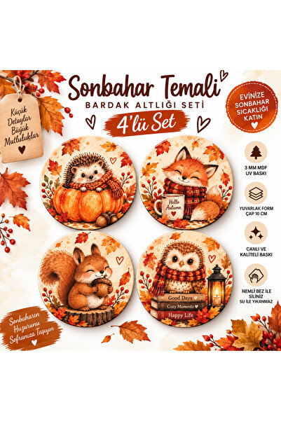 kids town Autumn Themed Set of 4 Round Coasters – 10 cm 3 mm Mdf Uv Printing ...