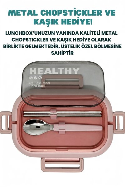 Masis Home 1650 ml Lunch Box 2 Katlı 4 Bölmeli Paslanmaz Çelik Sefer Tası Yemek Kutusu Chopstick Setli