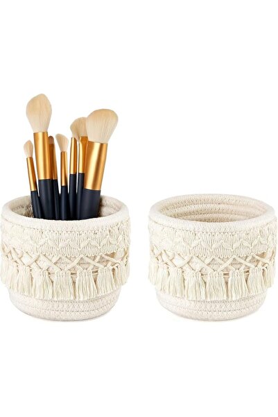Generic Macrame Makeup Brush Holder & Mini Storage Basket Set – 2‑Piece Boho ...