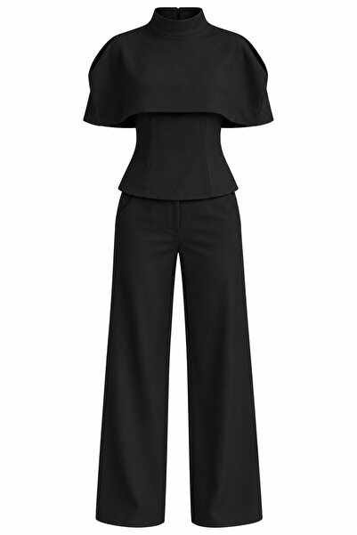 Laluvia Black Triple Design Suit with Removable Cape - 2Y202606