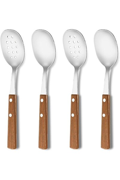 ALMEKAQUZ 4Pcs Serving Spoon Set,Stainless Steel Spoon with Wooden Handle, 2 ...