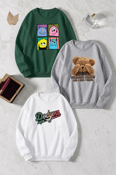 uyguntarz Unisex Mixed Printed Crew Neck Sweatshirt Set – Pack of 3