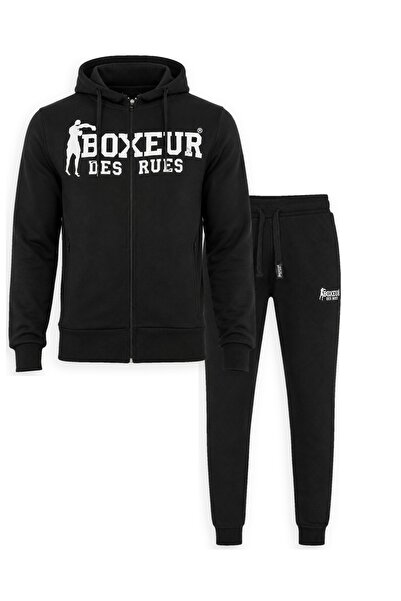 Boxeur Des Rues Set Trening Bărbați Boxeur des Rues: Hanorac Negru/Alb + Pantaloni de Trening Negri/Albi Mici