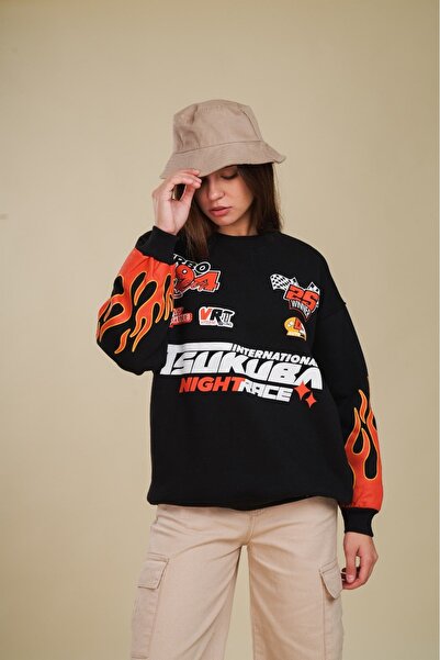 LADY HAZAL Black Unisex Tsukuba Race Printed Crew Neck Oversize Patterned Fab...
