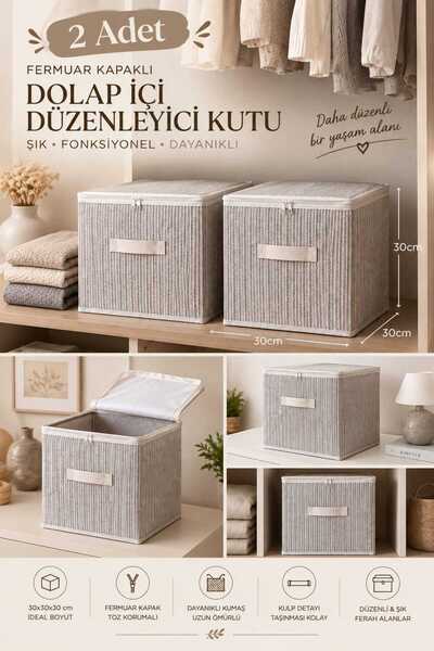 SULTAN TEKSTİL 2'li Set Beyaz Gri Çizgili Fermuarlı Dolap İçi Düzenleyici Kut...