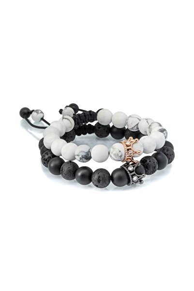 Dual Stax Set de 2 brățări unisex din pietre semiprețioase Howlite, Agat Negr...