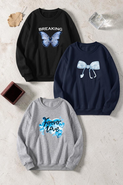 uyguntarz Unisex Mixed Printed Crew Neck Sweatshirt Set – Pack of 3