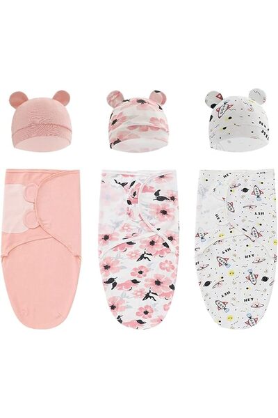 GENERAL Baby Swaddle Sleep Sack with Hat Set for 0-3 Months 3-Pack Soft Cotto...