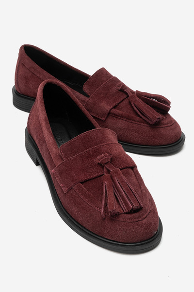 De Marscha Hakiki Deri Püskül Detaylı Kadın Loafer Bordo Süet Ottavia