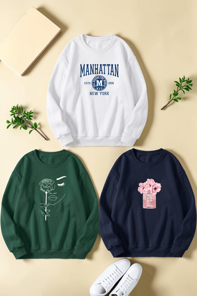 uyguntarz Unisex Mixed Printed Crew Neck Sweatshirt Set – Pack of 3
