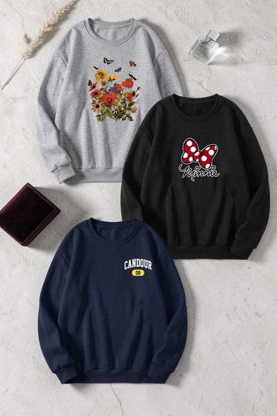 uyguntarz Unisex Mixed Printed Crew Neck Sweatshirt Set – Pack of 3
