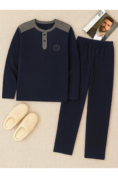 Hepsi Moda Düğmeli Yaka Erkek Pijama Takımı - Lacivert