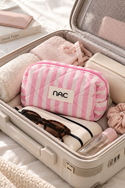 NAC STORE Midi Boy Süet Çizgili Pembe Günlük Makyaj ve Kozmetik Çantası