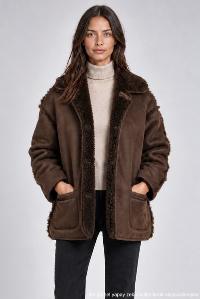 Freemen Kadın Kahverengi Peluş Astarlı Süet Görünümlü Oversize Cepli Mont