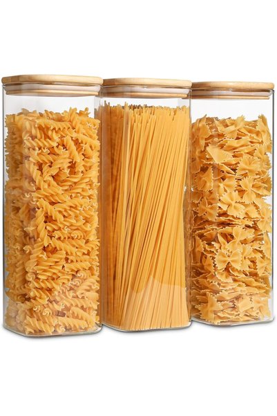 Generic Glass Pasta Storage Containers with Bamboo Lids, 2.1L Tall Square Air...