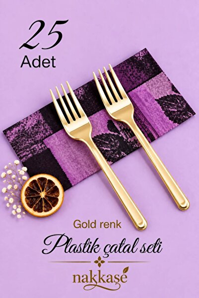nakkaşé 25'li LÜX SERT PLASTİK Gold Çatal Parti Doğum Günü Sunum Davet Nişan ...