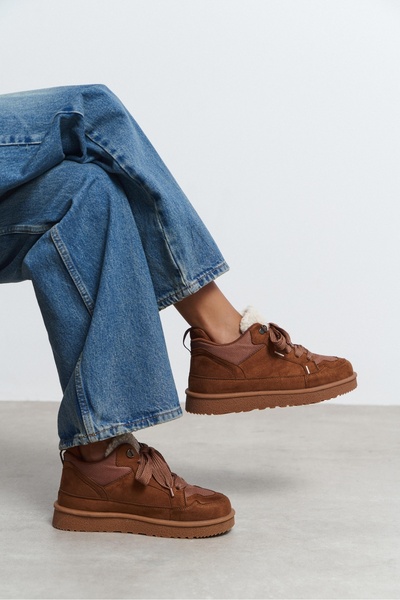 NİŞANTAŞI SHOES Lamby Taba Süet Kürk Detay Bağcıklı Kalın Taban Kadın Sneaker Bot